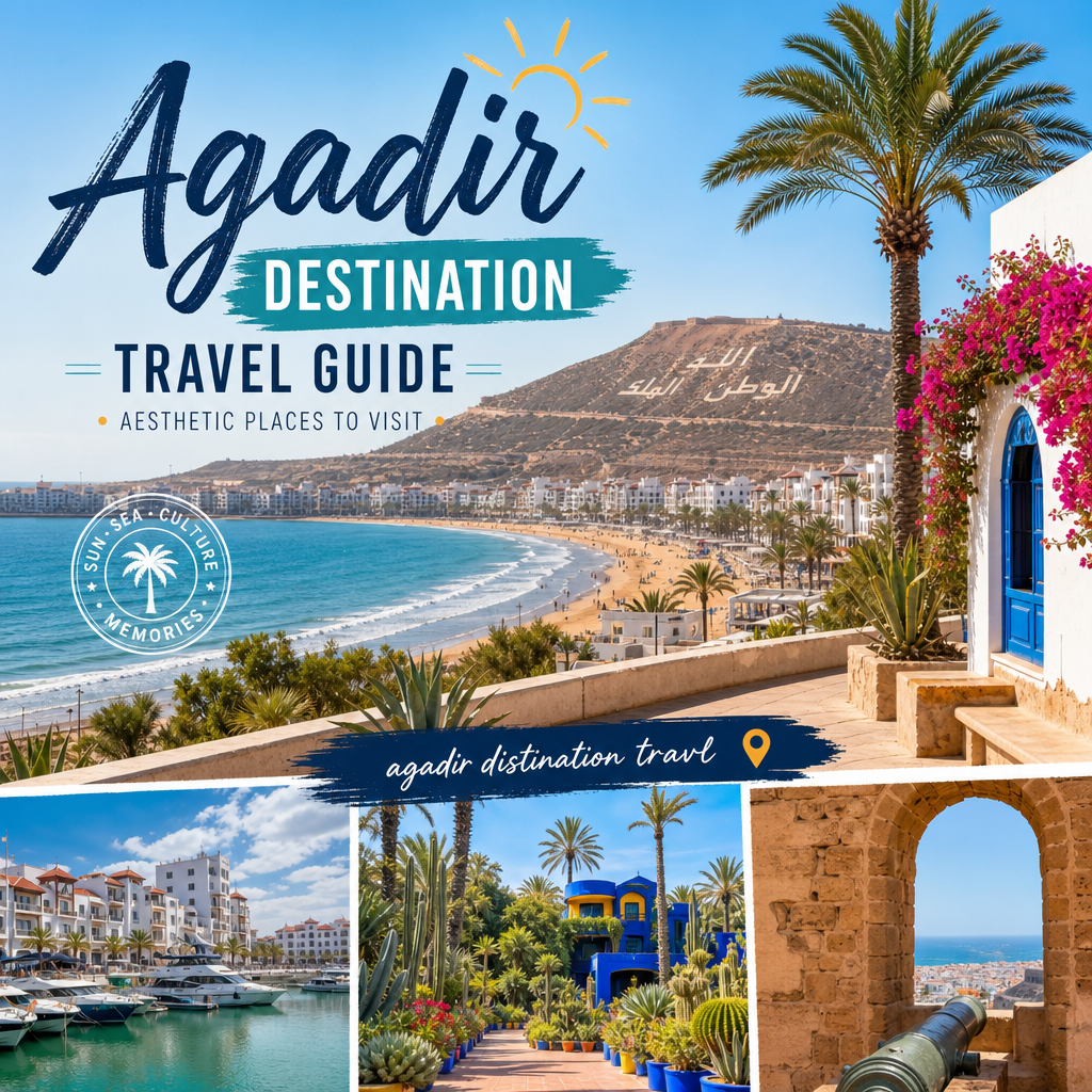 Agadir travel guide with scenic coast, palm trees, and cultural landmarks in an aesthetic city view