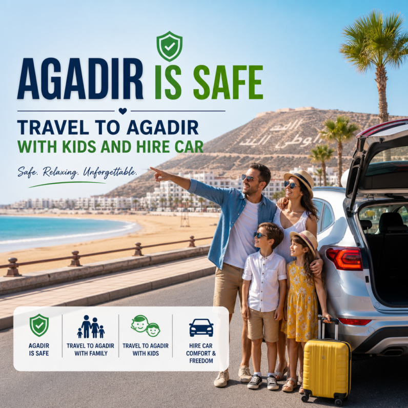 Family with kids enjoying a safe, relaxing road trip in Agadir with a hire car