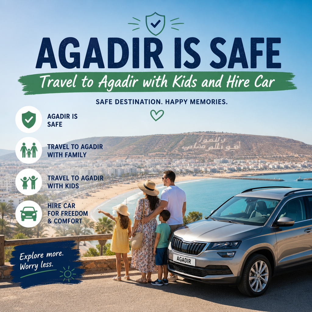 agadir is safe Family with kids beside a rental car in Agadir, highlighting safe family travel and car hire