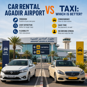 car rental Agadir Airport  and taxi comparison showing benefits of each travel option