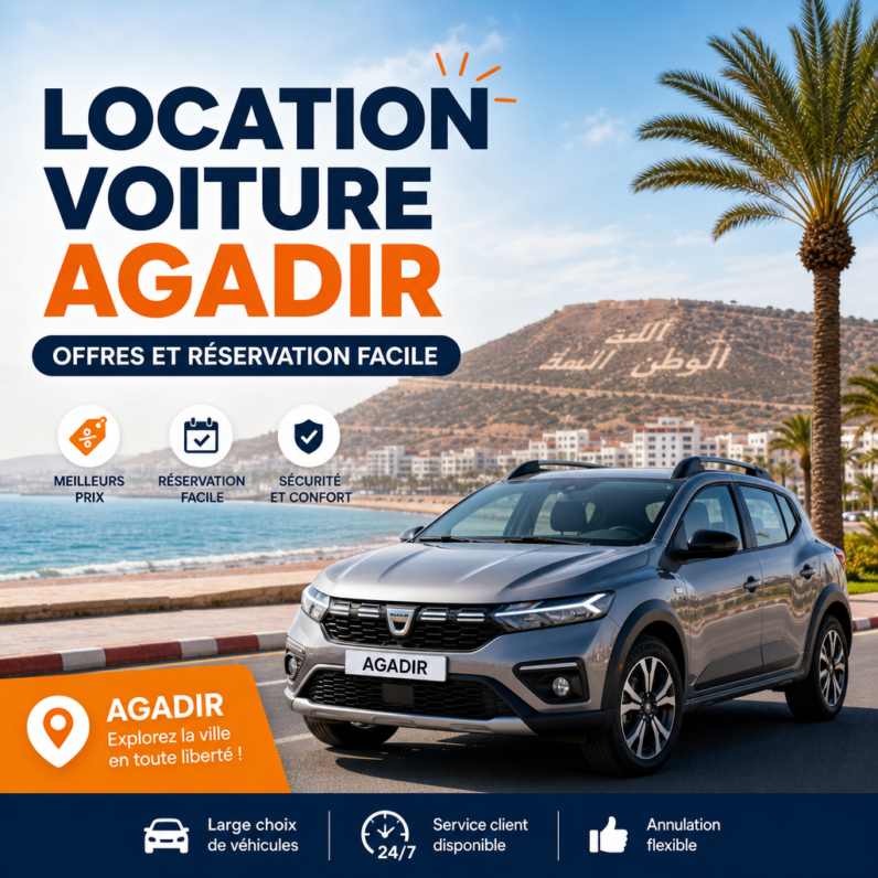 Illustration de location voiture Agadir avec réservation facile, meilleurs prix et annulation flexible