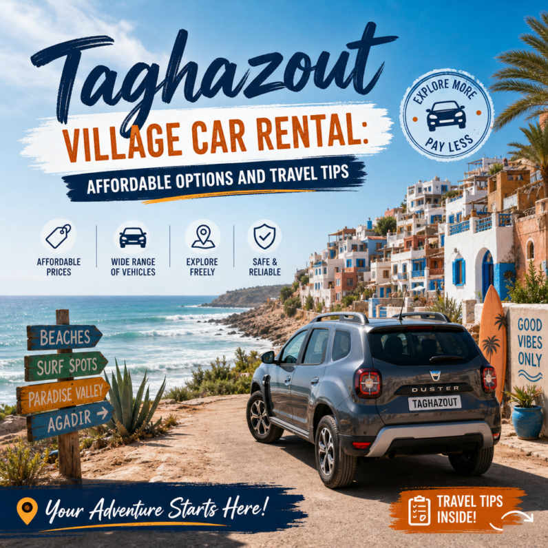 Taghazout car rental car parked by the beach for affordable, flexible travel to surf spots