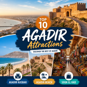 Collage of Agadir Kasbah, Agadir Beach, and Souk El Had market