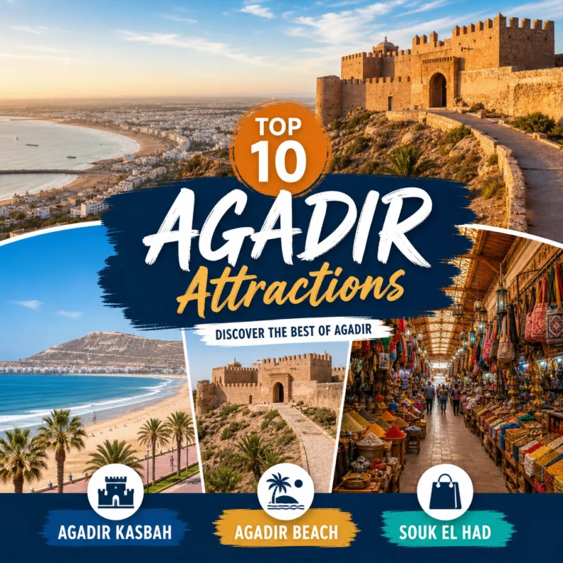 Collage of Agadir Kasbah, Agadir Beach, and Souk El Had market