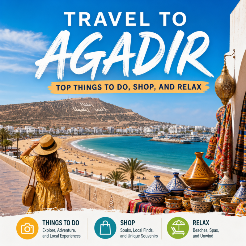 Travel to agadir , Agadir beach with palm trees, shopping market, and relaxing seaside spa scene